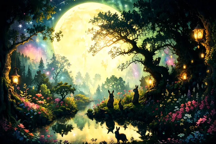 Imagine a serene and mystical forest clearing under a full moon's soft glow. In the heart of this enchanted landscape, a grand, ancient oak tree stands tall, its branches stretching wide and adorned with glowing lanterns, casting gentle light upon the surroundings. Beneath this majestic tree, a small, crystal-clear pond mirrors the moon and stars above, adding a magical sparkle to the scene. Surrounding the pond, a carpet of lush, green moss and delicate, colorful wildflowers create a vivid mosaic of life. In the foreground, a family of forest creatures, including a wise old owl perched on a branch, a curious fox peeking from behind the trees, and a pair of rabbits nestled in the grass, gather in peaceful harmony, enjoying the tranquility of the night. This tableau blends the natural beauty of the wild with a touch of fantasy, evoking a sense of wonder and enchantment <lora:Lost_In_Dreams:0.7> <lora:xl_more_art-full_v1:0.6>, (masterpiece:1.2), best quality, (hyperdetailed, highest detailed:1.2), high resolution textures