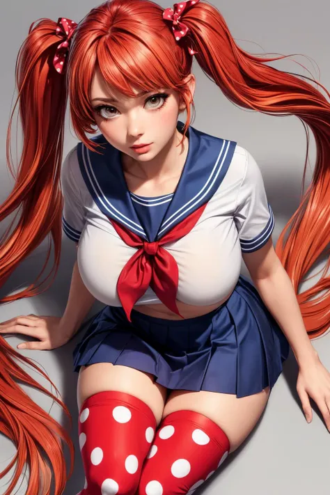 (ultra realistic,32k, masterpiece:1.2),(high detailed skin:1.1), 8k uhd, dslr, high quality,(makeup, mascara:0.9), (thick\lips\),
<lora:OsanaNajimi:0.6>OsanaNajimi, twintails, serafuku, red neckerchief, blue skirt, polka dot legwear, , <lora:add_detail:0.83>, huge breast,
(looking at viewer, lying, from above:1.1),,
,(soft shaded:1.1), blank background