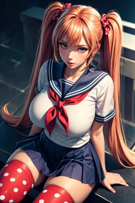 (ultra realistic,32k, masterpiece:1.2),(high detailed skin:1.1), 8k uhd, dslr, high quality,(makeup, mascara:0.9), (thick\lips\),
<lora:OsanaNajimi:0.6>OsanaNajimi, twintails, serafuku, red neckerchief, blue skirt, polka dot legwear, , <lora:add_detail:0.84>, huge breast,
(looking at viewer, sitting, from above:1.1),,
,(volumetric lighting:1.1), blank background