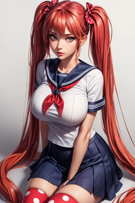 (ultra realistic,32k, masterpiece:1.2),(high detailed skin:1.1), 8k uhd, dslr, high quality,(makeup, mascara:0.9), (thick\lips\),
<lora:OsanaNajimi:0.6>OsanaNajimi, twintails, serafuku, red neckerchief, blue skirt, polka dot legwear, , <lora:add_detail:0.81>, huge breast,
(looking at viewer, sitting, from above:1.1),,
,(tenebrism:1.1), blank background