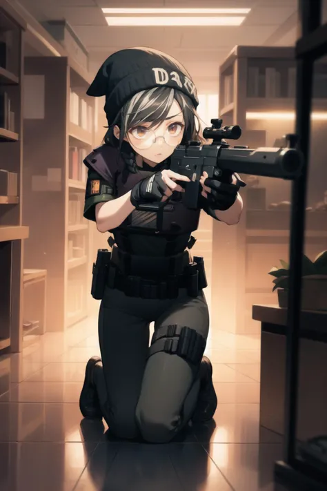 <lora:dokkaebi-000025:1> dokkaebi, dkdef, glasses, beanie, fingerless gloves, body armor, pants,
1girl, one knee, aiming, holding gun, firing, chaotic, indoors