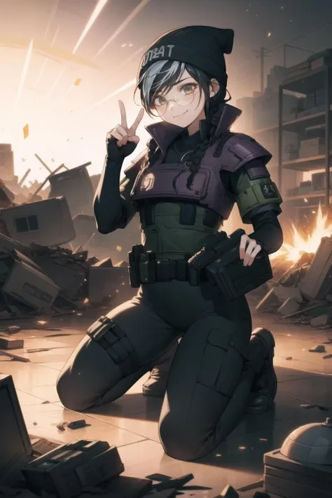<lora:dokkaebi-000025:1> dokkaebi, dkdef, glasses, beanie, fingerless gloves, body armor, pants,
1girl, covering ears, smirk, kneeling, bullets, rubble, messy, explosion, grenade, light particles