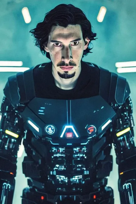 Masterpiece adam driver, upper body, perfect face, beautiful mouth, beautiful eyes, seductive look, half long hair, look over shoulder, cyborg, robot, morph, sitting in a UFO, neon lights, cinematic, futuristic city, vivid details, robotic bionic features, dystopian, hyperrealistic, real photo shoot, 8k