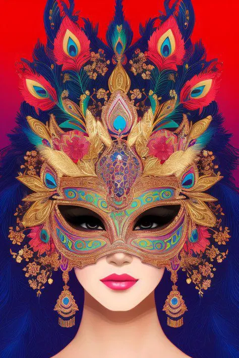 Centered detailed portrait of a masked woman wearing a venetian mask, vibrant peacock feathers, intricate, elegant, highly detailed, digital painting, artstation, smooth, sharp focus, illustration, illuminated lines, outrun, vaporware, intricate venetian patterns, cyberpunk darksynth, by audrey kawasaki and ilya kuvshinov and alphonse mucha