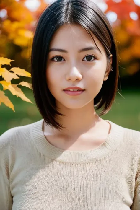 1girl,(wearing a sweater:1.2),(RAW photo, best quality), (realistic, photo-realistic:1.4), masterpiece, an extremely delicate and beautiful, extremely detailed, 2k wallpaper, Amazing, finely detail, extremely detailed CG unity 8k wallpaper, ultra-detailed, highres, soft light, beautiful detailed girl, extremely detailed eyes and face, beautiful detailed nose, beautiful detailed eyes,cinematic lighting,(autumn scenery:1.3),perfect anatomy,slender body, <lora:shidamirai_lora:0.8>,smiling