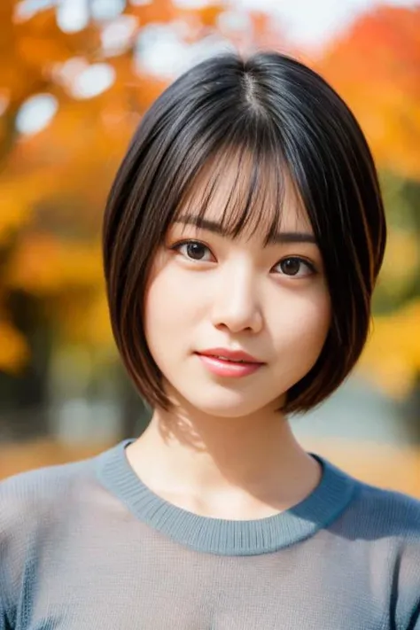 1girl,(wearing a sweater:1.2),(RAW photo, best quality), (realistic, photo-realistic:1.4), masterpiece, an extremely delicate and beautiful, extremely detailed, 2k wallpaper, Amazing, finely detail, extremely detailed CG unity 8k wallpaper, ultra-detailed, highres, soft light, beautiful detailed girl, extremely detailed eyes and face, beautiful detailed nose, beautiful detailed eyes,cinematic lighting,(autumn scenery:1.3),perfect anatomy,slender body, <lora:shidamirai_lora:0.8>,smiling