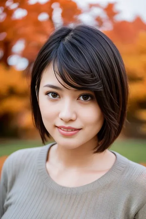 1girl,(wearing a sweater:1.2),(RAW photo, best quality), (realistic, photo-realistic:1.4), masterpiece, an extremely delicate and beautiful, extremely detailed, 2k wallpaper, Amazing, finely detail, extremely detailed CG unity 8k wallpaper, ultra-detailed, highres, soft light, beautiful detailed girl, extremely detailed eyes and face, beautiful detailed nose, beautiful detailed eyes,cinematic lighting,(autumn scenery:1.3),perfect anatomy,slender body, <lora:shidamirai_lora:0.8>,smiling,short hair,hair with bangs