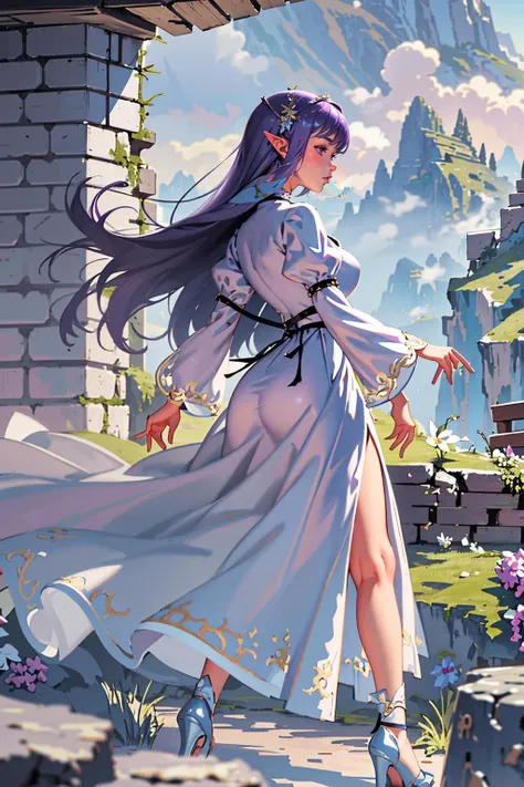 (masterpiece), (best_quality), (ultra-detailed), (illustration), (welcoming), depth of field, 1girl, (lilac steel girl next door artificer:1.3), elf, (in the gloomy, ruined mountains:1.3), scenery, full body, black eyes, [:seductive costume design:0.2], (from side:1.5),wings, medium breasts, narrow waist, sexy perfect hourglass figure,skindentation, (long dress:1.2), korean, official art, vivid color, finely detailed, hyper detailed, 8k, high resolution illustration, absurdres, intricate detail <lora:EnvyBeautyMix02:1>