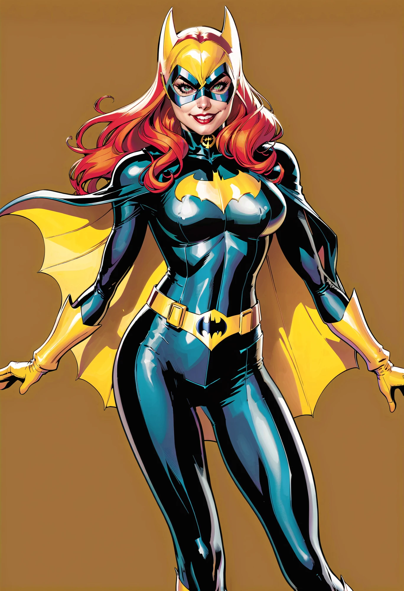 <lora:TerryDodsonSDXL:0.8> TerryDodson Style, Batgirl, 1girl, ass, belt, bodysuit, cape, domino mask, from side, gloves, large breasts, lips, lipstick, long hair, looking at viewer, makeup, mask, medium breasts, red hair, simple background, smile, solo, superhero, yellow background, yellow gloves