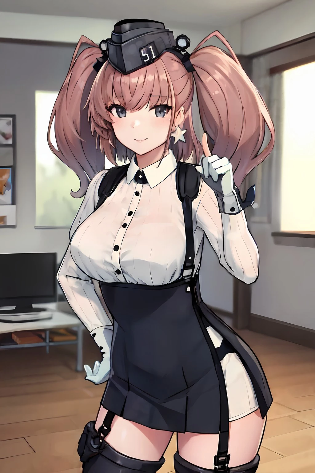 (masterpiece, best quality:1.3), (ultra-detailed), {illustration, studio light, picturesque}, [best shadow],
BREAK
(KonishiCSA)_(ShizumaCSA),
BREAK
(perfect anatomy), (symmetric eyes, beautiful eyes), (sharp eyeliner, beautiful face), (grey eyes),
BREAK
nice hands, perfect hands, hand by Guido Daniele,
BREAK
1girl, solo,
BREAK
AtlantaKC, (white) long sleeves shirt, (black) suspender skirt, (black) garrison cap, (anchor) hair ornament, (star (symbol)) earrings, (black) garter straps, (black) thigh straps, (dress) shirt, (high-waist) skirt, (single) earring, (left-side) earring,
BREAK,
 ((partially fingerless) gloves, (two-tone) gloves with (white) back and (grey) palm)),
BREAK
(labelled text says "51" written on the garrison cap left side:1.3),
BREAK
looking at viewer, cowboy shot, facing to viewer, smile, (indoor, office, living room), (index finger raised),
BREAK
<lyco:hands:1.0>, <lora:CSA-v0.2:0.35>, <lora:CSA-MLU:0.35>, <lora:CSA-MLU2-v0.1:0.55:INS>, <lora:CDE:0.45>, <lora:Atlanta-x10:1>