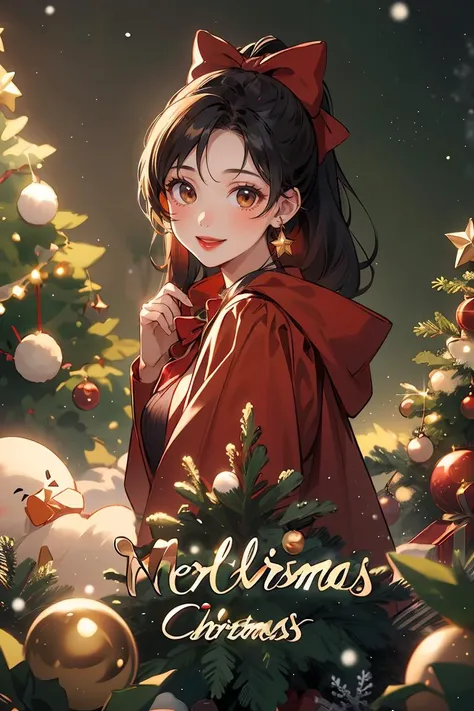 <lora:Christmas girl:0.7>,Christmas professional photography,1girl,solo,bow,jewelry,christmas,hair bow,earrings,black hair,red bow,looking at viewer,christmas ornaments,brown eyes,merry christmas,red lips,smile,red coat,ponytail,the background is surrounded by green trees,christmas photography cover,