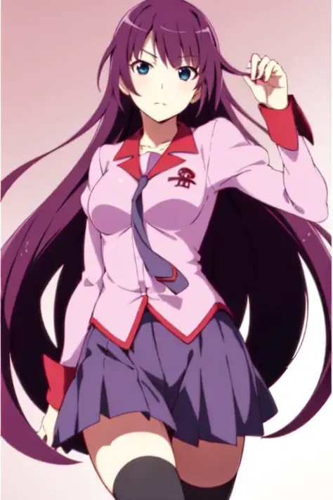 1girl, senjougahara hitagi, solo, thighhighs, skirt, long hair, naoetsu high school uniform, blue eyes, juliet sleeves, school uniform, purple hair, shirt, zettai ryouiki, medium breasts, very long hair, purple skirt, miniskirt, <lora:Senjougahara Hitagi:0.7>
