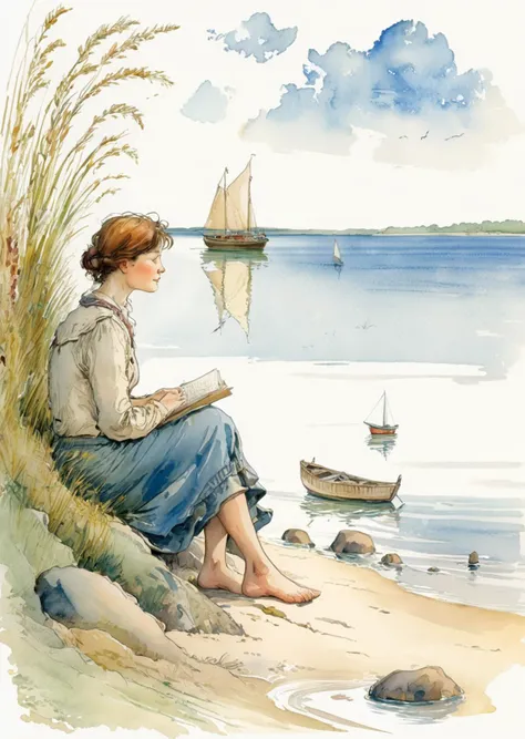 1 woman sitting near the shore,
detailed face
animals, drawing, illustration,  nature, nostalgia, watercolor, whimsical
  (art by E. H.
Shepard)