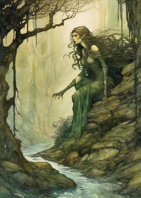 1girl, elf, detailed face
In an (Arthur Rackham) -inspired illustration, the Whispering Shadows Dungeon materializes with intricate details. Seraphina, the elf rogue, steps forth from the shadows, her form depicted in flowing lines and earthy tones. A stone golem, akin to a mossy monolith, looms with an air of ancient mystique, and the forest branches above cast enchanting, elongated shadows, immersing the viewer in a mystical and captivating world.
detailed, shadows, high contrast