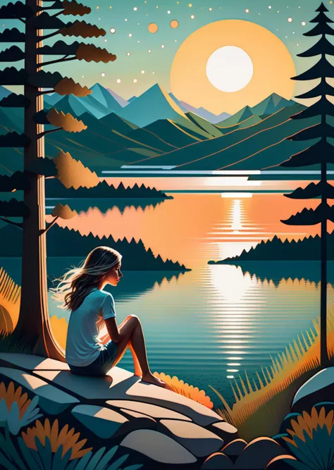 1 girl sitting near the shore,
detailed face
trees
flat color 
paper texture,  halftone texture, 
lake
 detailed 
patterned background, 
(art by Jane Newland)