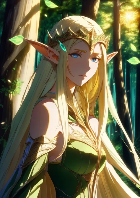 1girl,    
In a scene from the legendary fantasy series "Record of Lodoss War," an elf stands amidst a mystical forest of towering ancient trees, their long, elegant ears twitching as they listen to the whispers of the wind and the secrets of the woodland. The dappled sunlight filters through the dense canopy, casting a gentle, ethereal glow on the elf's graceful figure and their finely-crafted, leaf-adorned armor. With a bow and a quiver of arrows at their side, the elf exudes an aura of otherworldly grace and an unspoken connection to the enchanting realm of Lodoss.
anime anime screencap, 
detailed, shadows, high contrast