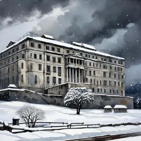 painting of a large apartment building,in snowy city,dark grey skies,Ancient Greek architecture style,mountains