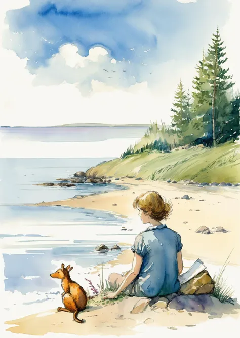 1 woman sitting near the shore,
animals, drawing, illustration, kids-book, nature, nostalgia, watercolor, whimsical
  (art by E. H.
Shepard)