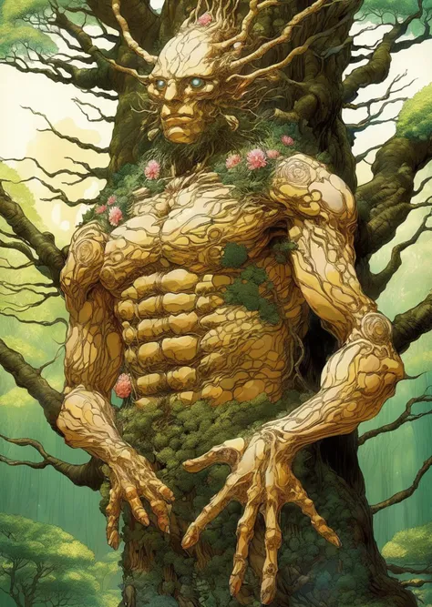 a forest guardian with a tree-like lower body, bark skin, and luminous blossom-tipped fingers, guiding and protecting the mystical woodland.
 (by Katsuya Terada Mamoru Oshii enki bilal )
beautiful
characters, digital, dream-like, fantasy, illustration, manga-anime, surreal
detailed, shadows, high contrast