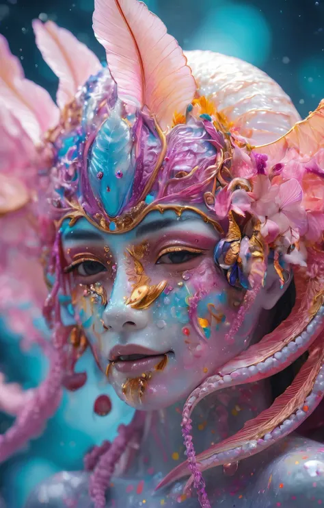 photo of a love goddess wet skin extreme close-up with ram skull and (very large breasts:1.4), dripping wet, oozing translucent milk. beautiful intricately detailed animal mask shy smile. feathers, diamonds and butterflies, betta fish, jellyfish phoenix, koi fish, plasma, ice, water, wind, creature, many rainbow bubbles, detailed face, stunning beauty, detailed skin, skin texture, skin pores, (freckles:1.05), floating petals, glitter, particles, holi festival, geometric, cotton, cotton candy, vivid colors, wings, tusks, vertebrae, (volumetric light:1.2), blowing sakura petals, clouds, neon signs, tentacles, billowing fog, iridescent, opalescent, bioluminescent. bokeh, hazy, surreal geometric gradients background, highly detailed. aestheticism, art, kintsugi, modern fine art, fractal, intricate, elegant, digital photography, subsurface scattering, by jheronimus bosch and greg rutkowski, real life