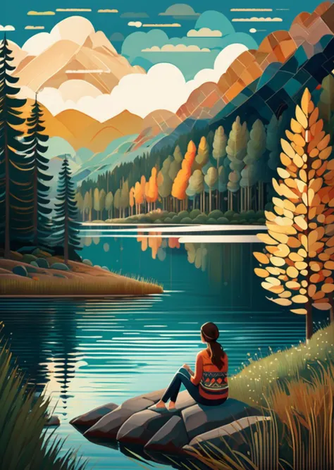 1 girl sitting near the shore,
trees
flat color
lake
detailed
patterned background,
(art by Jane Newland)