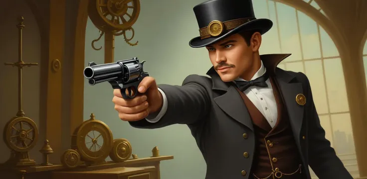 oil painting \(medium\), 1950s \(style), (steampunk:2.0), 1boy, muscular male, (facial hair:1.5), holding gun, aiming, (trigger discipline:1.4), revolver, bowler hat, pants, indoors, clock, gears