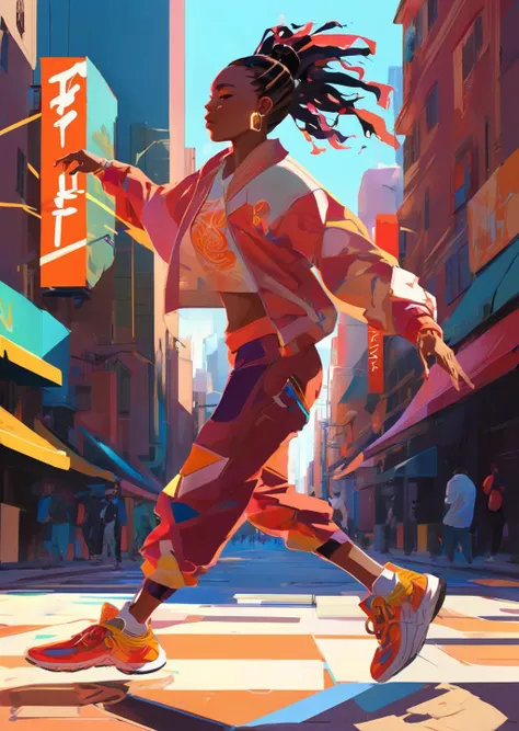 (by Genndy Tartakovsky )(by Atey Ghailan)
 1girl   flat color 
concept art, 
motion lines, 
(detailed, shadows, high contrast) textured 
characters, digital, dream-like, fantasy, illustration, manga-anime, surreal
In the heart of the bustling city, a spirited young girl takes to the sunlit street, her movements an electrifying fusion of hip-hop rhythms. Her body moves with effortless precision, pulsating with the urban beat, as she commands attention with her exuberant dance. Each step and gesture paints a vibrant, spontaneous mural in the city's bustling tapestry, and her passion sets the sidewalk ablaze with the energy and creativity of her hip-hop performance.