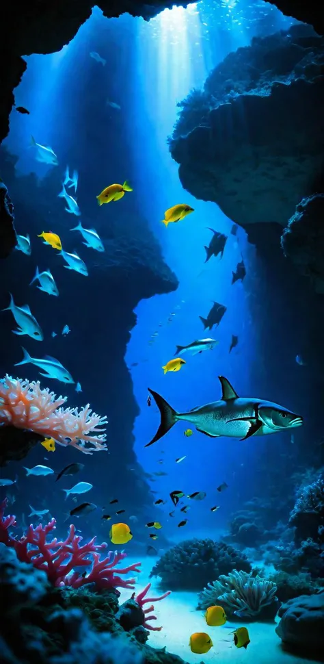 photorealistic, realistic, landscape, underwater, fish, cave, coral