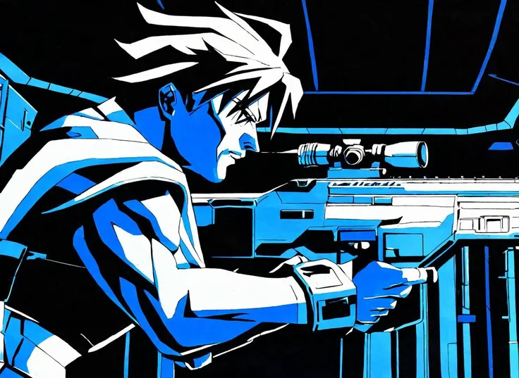 anime, cel shading, 1980s \(style\), mature male, cyberpunk, holding gun, two-handed, aiming, trigger discipline, assault rifle, from side