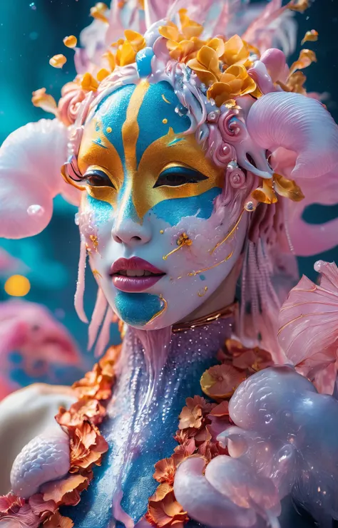 photo of a love goddess wet skin extreme close-up with ram skull and (very large breasts:1.4), dripping wet, oozing translucent milk. beautiful intricately detailed animal mask hungry expression. feathers, diamonds and butterflies, betta fish, jellyfish phoenix, koi fish, plasma, ice, water, wind, creature, many rainbow bubbles, detailed face, stunning beauty, detailed skin, skin texture, skin pores, (freckles:1.05), floating petals, glitter, particles, holi festival, geometric, cotton, cotton candy, vivid colors, wings, tusks, vertebrae, (volumetric light:1.2), blowing sakura petals, clouds, neon signs, tentacles, billowing fog, iridescent, opalescent, bioluminescent. bokeh, hazy, surreal geometric gradients background, highly detailed. aestheticism, art, kintsugi, modern fine art, fractal, intricate, elegant, digital photography, subsurface scattering, by jheronimus bosch and greg rutkowski, real life