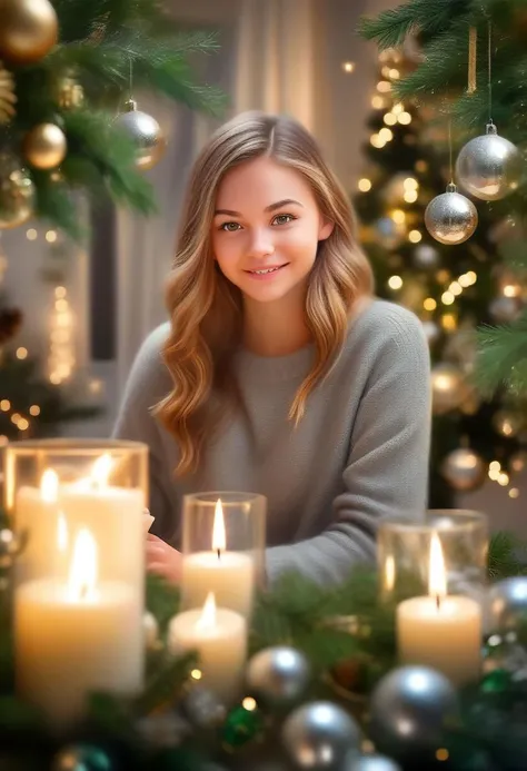 Christmas scene with a girl sitting among green and silver decorations, twinkling lights entwined through pine branches, gleaming candles casting a warm glow over the glossy leaves and reflective baubles, holiday cheer encapsulated in the arrangement, soft-focus background with bokeh effect from distant Christmas lights, ultra-fine, digital painting, golden ratio composition.