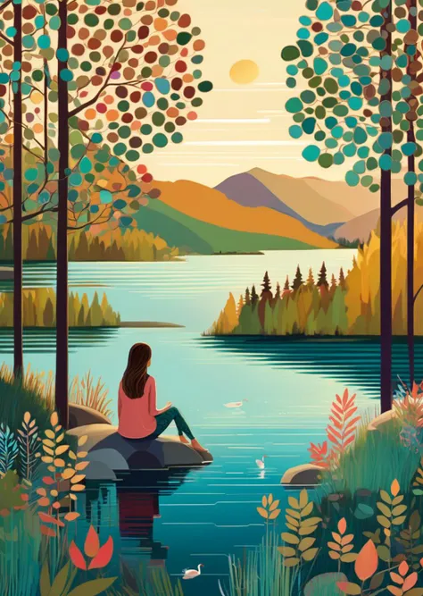 1 girl sitting near the shore,
trees
flat color 
lake
 detailed 
patterned background, 
(art by Jane Newland)