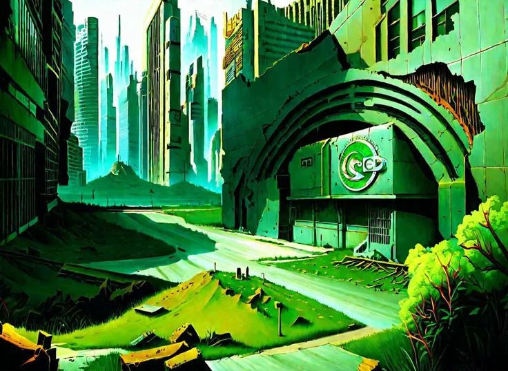 landscape, post-apocalypse, dystopia, (overgrown:0.5), no humans, city, street, ruins, (company logo:1.5)