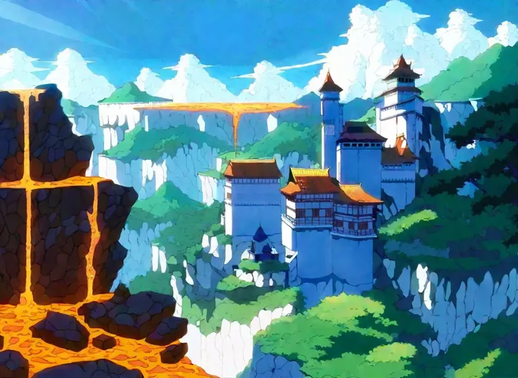 (anime:1.5), cel shading, lava, school, castle, no humans, landscape, (east asian architecture:0.5), day