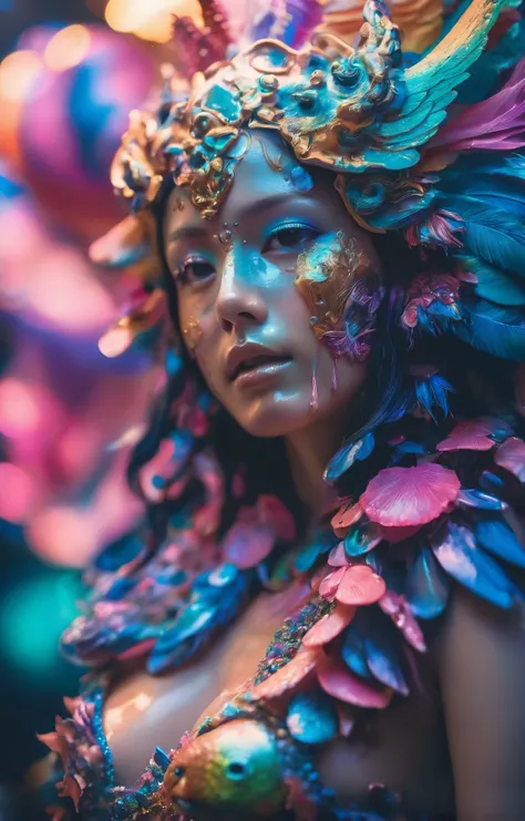 mesmerizing (artistic aesthetic candid cinematography:1.1) shot of polaroid optical refractive macrophotograph of love goddess wet skin extreme close-up with ram skull and (very large breasts:1.4), dripping wet, oozing translucent milk. beautiful intricately detailed animal mask tired expression. feathers, diamonds and butterflies, betta fish, jellyfish phoenix, koi fish, plasma, ice, water, wind, creature, many rainbow bubbles, detailed face, stunning beauty, detailed skin, skin texture, skin pores, (freckles:1.05), floating petals, glitter, particles, holi festival, geometric, cotton, cotton candy, vivid colors, wings, tusks, vertebrae, (volumetric light:1.2), blowing sakura petals, clouds, neon signs, tentacles, billowing fog, iridescent, opalescent, bioluminescent. bokeh, hazy, surreal geometric gradients background, highly detailed. aestheticism, art, kintsugi, modern fine art, fractal, intricate, elegant, digital photography, subsurface scattering, by jheronimus bosch and greg rutkowski, real life