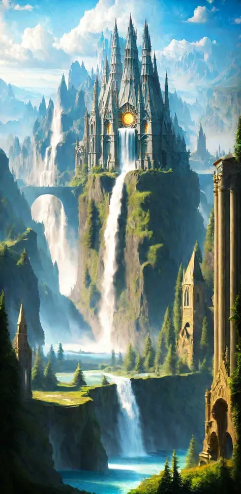 realistic, landscape, (fantasy:1.5), gothic architecture, magic, energy, day, waterfall