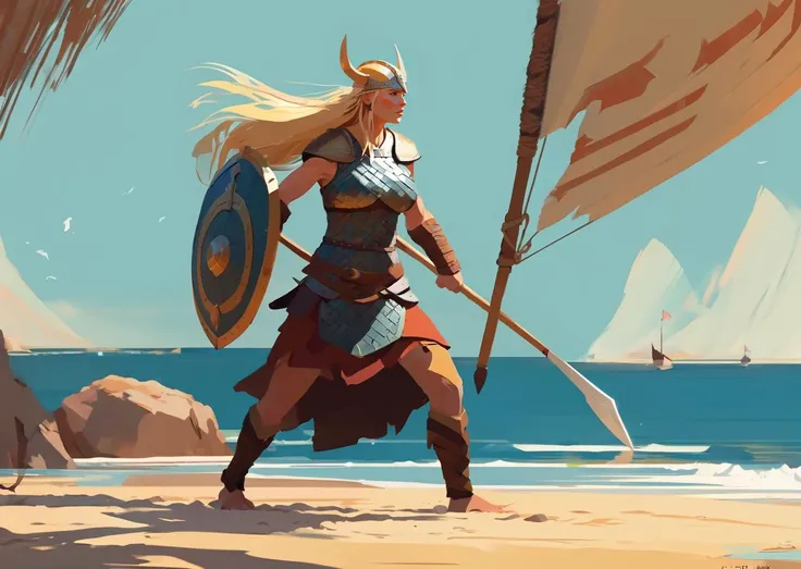 (by Genndy Tartakovsky )(by Atey Ghailan)
 1girl   flat color 
female Viking warrior,
shield maiden
battle stance
beach, viking boats
beautiful
(detailed, shadows, high contrast) textured 
characters, digital, dream-like, fantasy, illustration, manga-anime, surreal