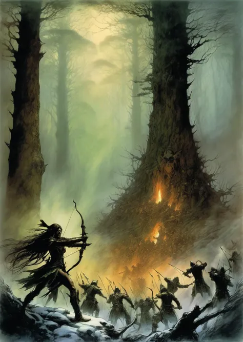 1girl
In the heart of an ancient, mist-shrouded forest, a fierce battle erupted between the elven archers and a marauding band of goblin invaders, the clash of arrows and swords echoing through the towering trees
dark fantasy, drawing, illustration, world of warcraft,
(art by Arthur Rackham)