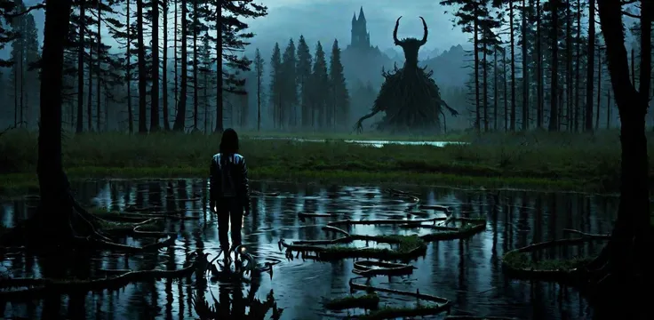 photorealistic, realistic, demon girl, monster girl, horns, wings, claws, tail, large wings, spread wings, different reflection, horror \(theme\), night, landscape, swamp, partially submerged, 1girl, jacket, pants, from behind