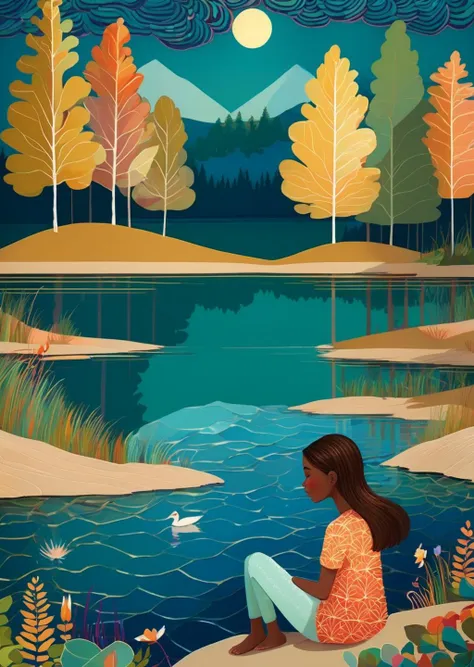 1 girl sitting near the shore,
trees
flat color 
lake
 detailed 
patterned background, 
(art by Jane Newland)