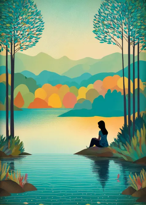 1 girl sitting near the shore,
trees
flat color 
paper texture,  halftone texture, 
lake
 detailed 
patterned background, 
(art by Jane Newland)