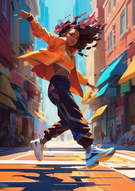 (by Genndy Tartakovsky )(by Atey Ghailan)
 1girl   flat color 
concept art, 
motion lines, 
(detailed, shadows, high contrast) textured 
characters, digital, dream-like, fantasy, illustration, manga-anime, surreal
In the heart of the bustling city, a spirited young girl takes to the sunlit street, her movements an electrifying fusion of hip-hop rhythms. Her body moves with effortless precision, pulsating with the urban beat, as she commands attention with her exuberant dance. Each step and gesture paints a vibrant, spontaneous mural in the city's bustling tapestry, and her passion sets the sidewalk ablaze with the energy and creativity of her hip-hop performance.