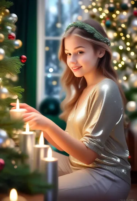 Christmas scene with a girl sitting among green and silver decorations, twinkling lights entwined through pine branches, gleaming candles casting a warm glow over the glossy leaves and reflective baubles, holiday cheer encapsulated in the arrangement, soft-focus background with bokeh effect from distant Christmas lights, ultra-fine, digital painting, golden ratio composition.