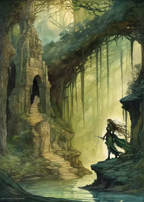 In an Arthur Rackham-inspired illustration, the Whispering Shadows Dungeon materializes with intricate details. Seraphina, the elf rogue, steps forth from the shadows, her form depicted in flowing lines and earthy tones. A stone golem, akin to a mossy monolith, looms with an air of ancient mystique, and the forest branches above cast enchanting, elongated shadows, immersing the viewer in a mystical and captivating world.