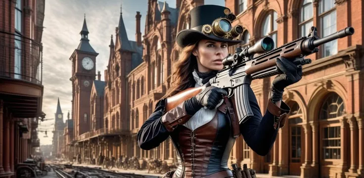 photorealistic, realistic, 1girl, holding gun, sniper rifle, steampunk, aiming, hat, gears, victorian architecture, trigger discipline, fingerless gloves