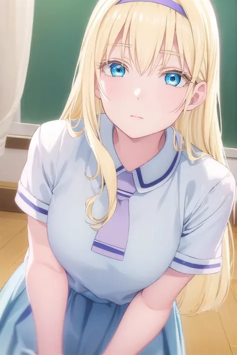 asobiasobaseolivia, <lora:asobi asobase olivia s1-lora-nochekaiser:1>,
olivia, long hair, blue eyes, blonde hair,
BREAK dress, school uniform, hairband, necktie, belt,
BREAK indoors, classroom,
BREAK looking at viewer, (cowboy shot:1.5),
BREAK <lyco:GoodHands-beta2:1>, (masterpiece:1.2), best quality, high resolution, unity 8k wallpaper, (illustration:0.8), (beautiful detailed eyes:1.6), extremely detailed face, perfect lighting, extremely detailed CG, (perfect hands, perfect anatomy),