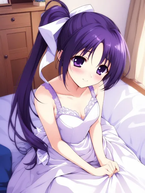 <lora:Itou_Noemi:0.8>ItouNoemi, 1girl, soro, blue_hair, long_hair, side_ponytail, ribbon, purple_eyes, hair_ribbon, smile, blush, small_breasts,
weddingdress, room, bed,
masterpiece, high quality, very_high_resolution, large_filesize, full color,