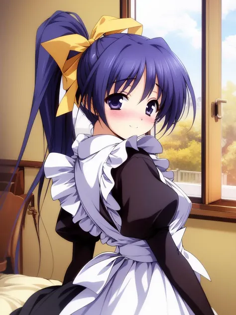 <lora:Itou_Noemi:0.8>, ItouNoemi, 1girl, solo, maid, long hair,  side_ponytail, blue eyes, ponytail, blue hair, bow, yellow bow, blush, long sleeves, smile, hair bow, zoom layer, apron, dress, smile, blush, room, window,
masterpiece, high quality, very_high_resolution, large_filesize, full color,