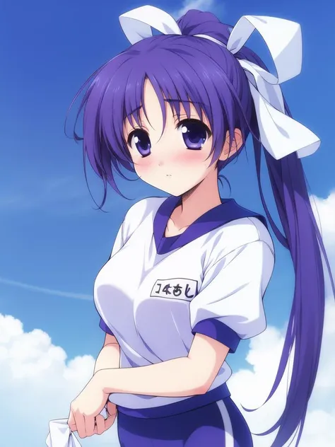 <lora:Itou_Noemi:0.8>,ItouNoemi, 1girl, solo, gym uniform, buruma, dark_blue buruma, long hair, blush, side ponytail, blue hair, blue eyes, , ribbon, hair ribbon, sky,
masterpiece, high quality, very_high_resolution, large_filesize, full color,