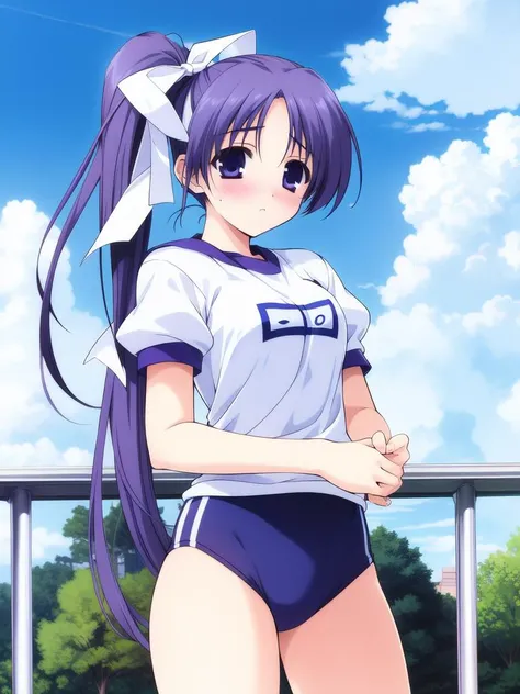<lora:Itou_Noemi:0.8>,ItouNoemi, 1girl, solo, gym uniform, buruma, dark_blue buruma, long hair, blush, side ponytail, blue hair, blue eyes, , ribbon, hair ribbon, sky,
masterpiece, high quality, very_high_resolution, large_filesize, full color,